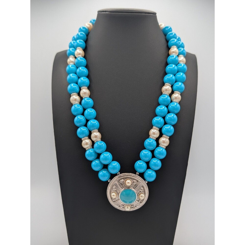 Vintage Necklace 18” Double Strand Beaded Turquoise Lucite Faux Pearl Medallion